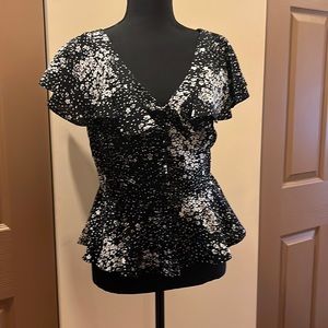 Black and White Ruffle Button Front Top